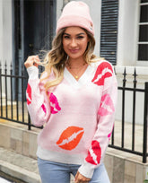 Autumn Winter Lips Valentine Day Sweater V neck Knitted Pullover Sweater